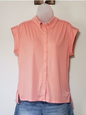 Carve Designs Mikell Cap Sleeve Button Front Collared Top Salmon Pink Small